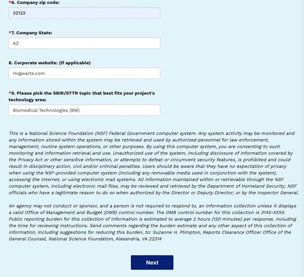 Project pitch form filled out