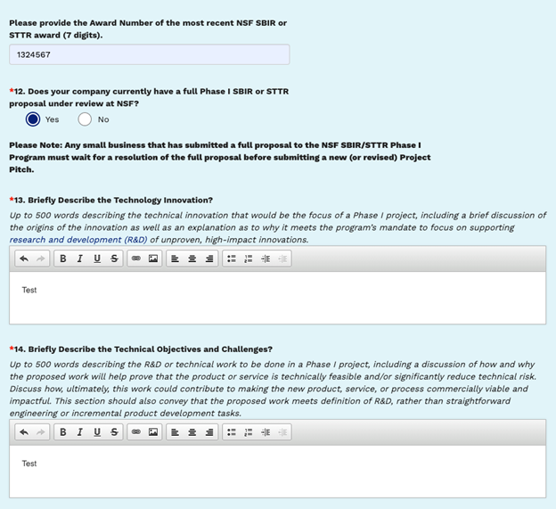 Project pitch form filled out