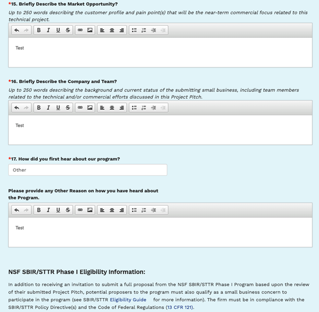 Project pitch form filled out