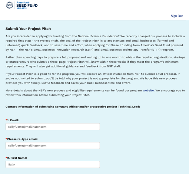 Project pitch form filled out