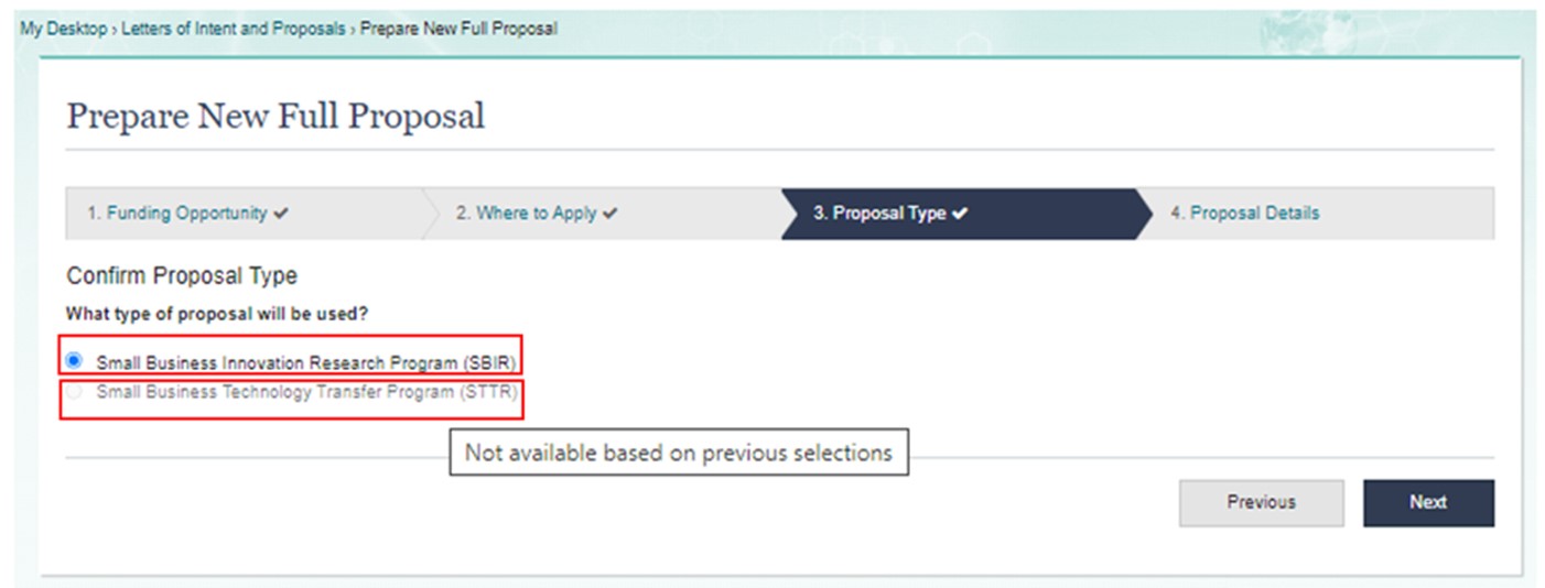 Proposal type - SBIR or STTR, based on previous selections